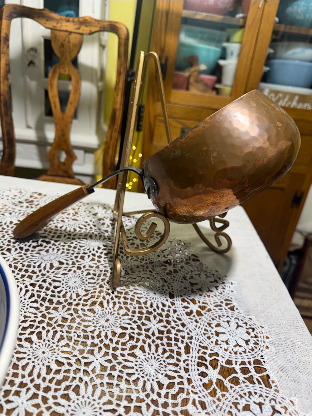 Vtg Hammered Copper Saucepan with Wooden Handle